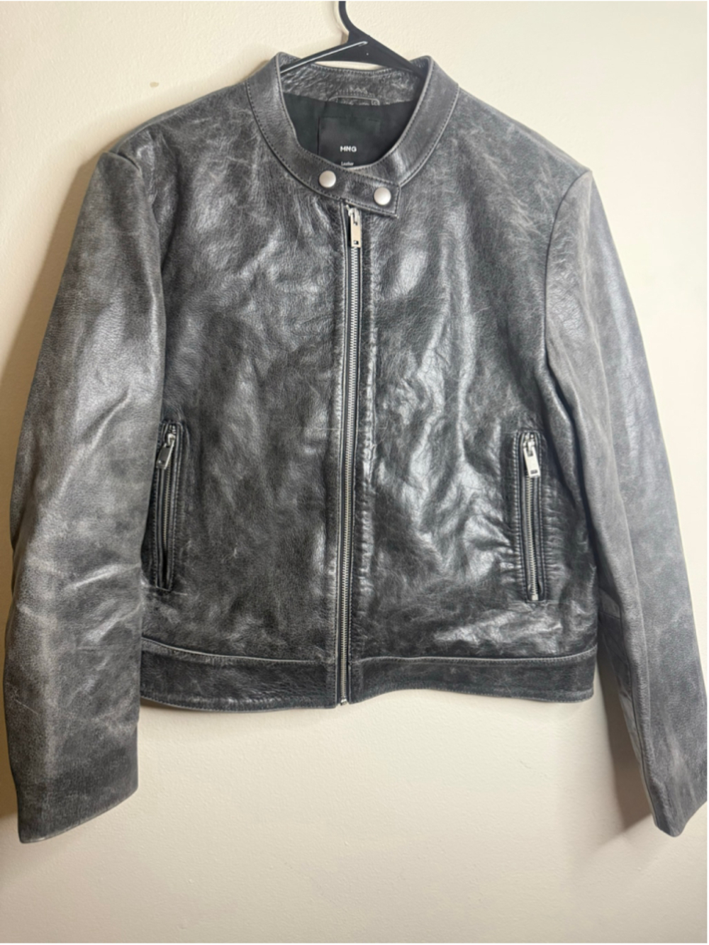 Women's MNG Mango moto style Leather Jacket Size L Grey
